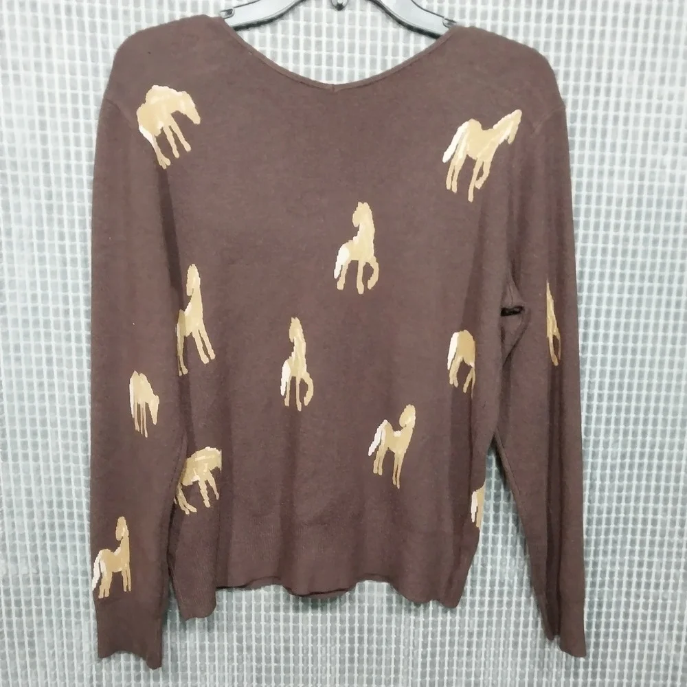 Philosophy Sweater Horse Intarsia Women V-Neck Knit Large Brown